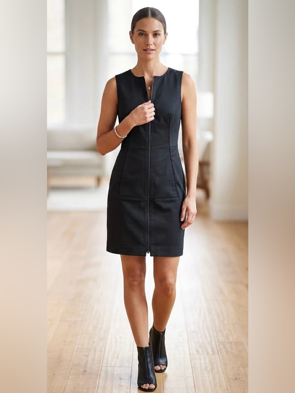 BIRD Bruton Street Black Structured Shift Dress Full Zip - Small